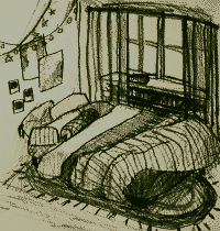 drawing of a bed covered in blankets and pillows, by a bay window.