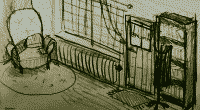 drawing of a room, featuring an old-timey armchair, a bookcase, a backdoor and a large window.